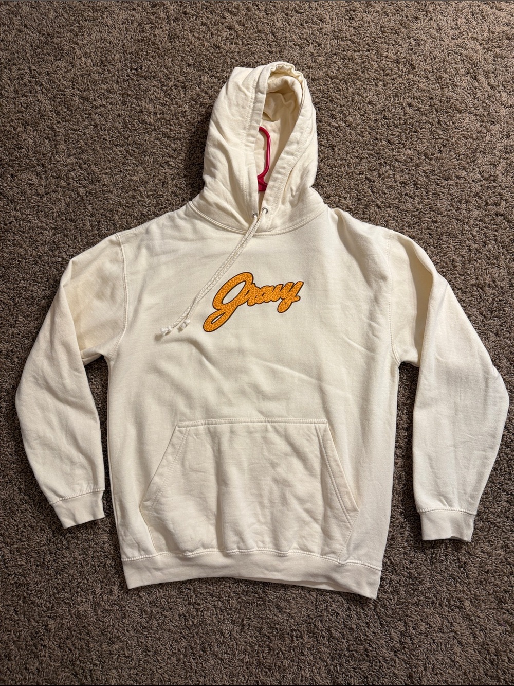 Cream Hoodie with Orange Script Logo - Women's Pullover Hoodie